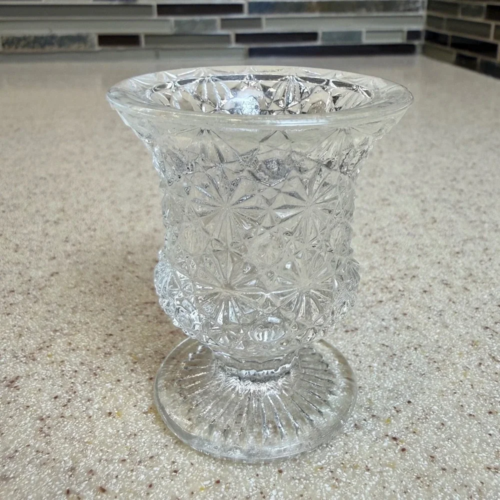 VTG Clear Pressed Glass Pedestal Toothpick Holder Starburst Pattern 2.5